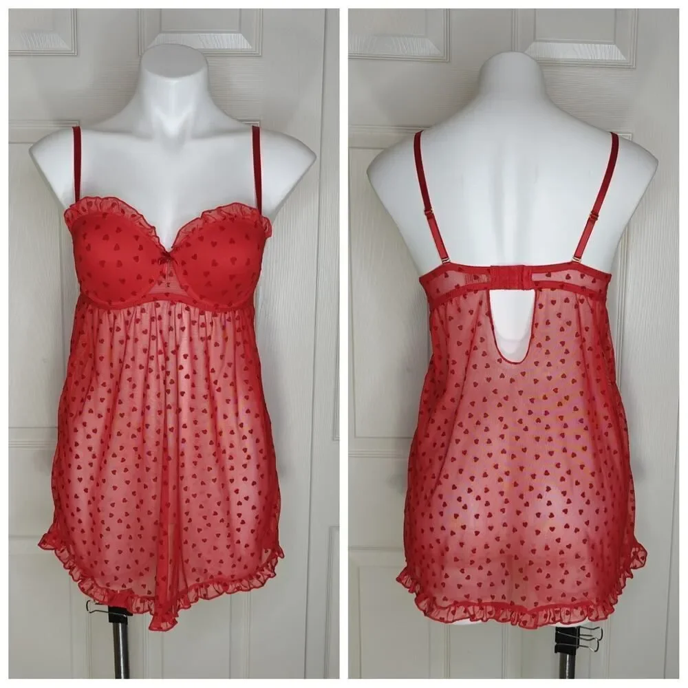 I Heart You red sheer mesh babydoll lingerie sz M